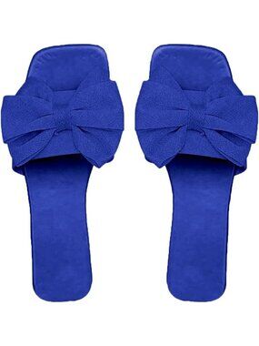 Women's Blue Rubber Summer Open Toe Slip On Stylish Bow Slide Flat Sandals